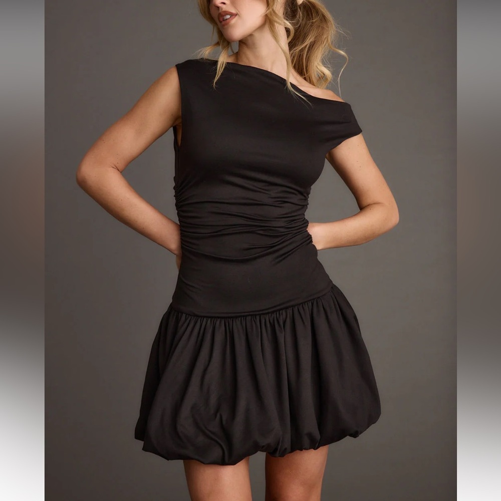 12th tribe Bridget Black Off-Shoulder Bubble Dress
